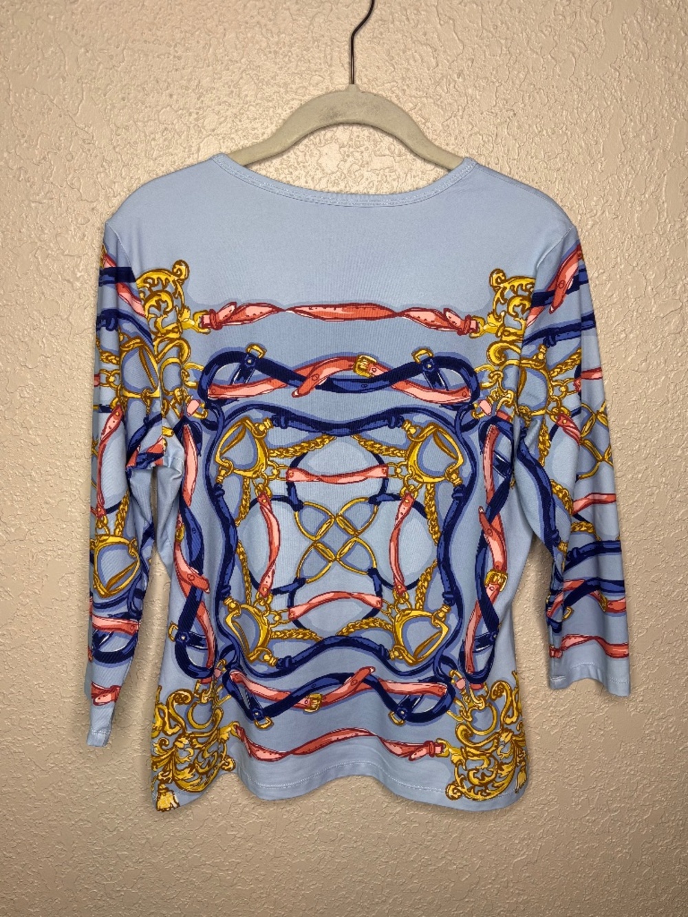 J. McLaughlin Blue Pink Gold Equestrian Print Catalina Cloth Top Women's Size L - Picture 5 of 9